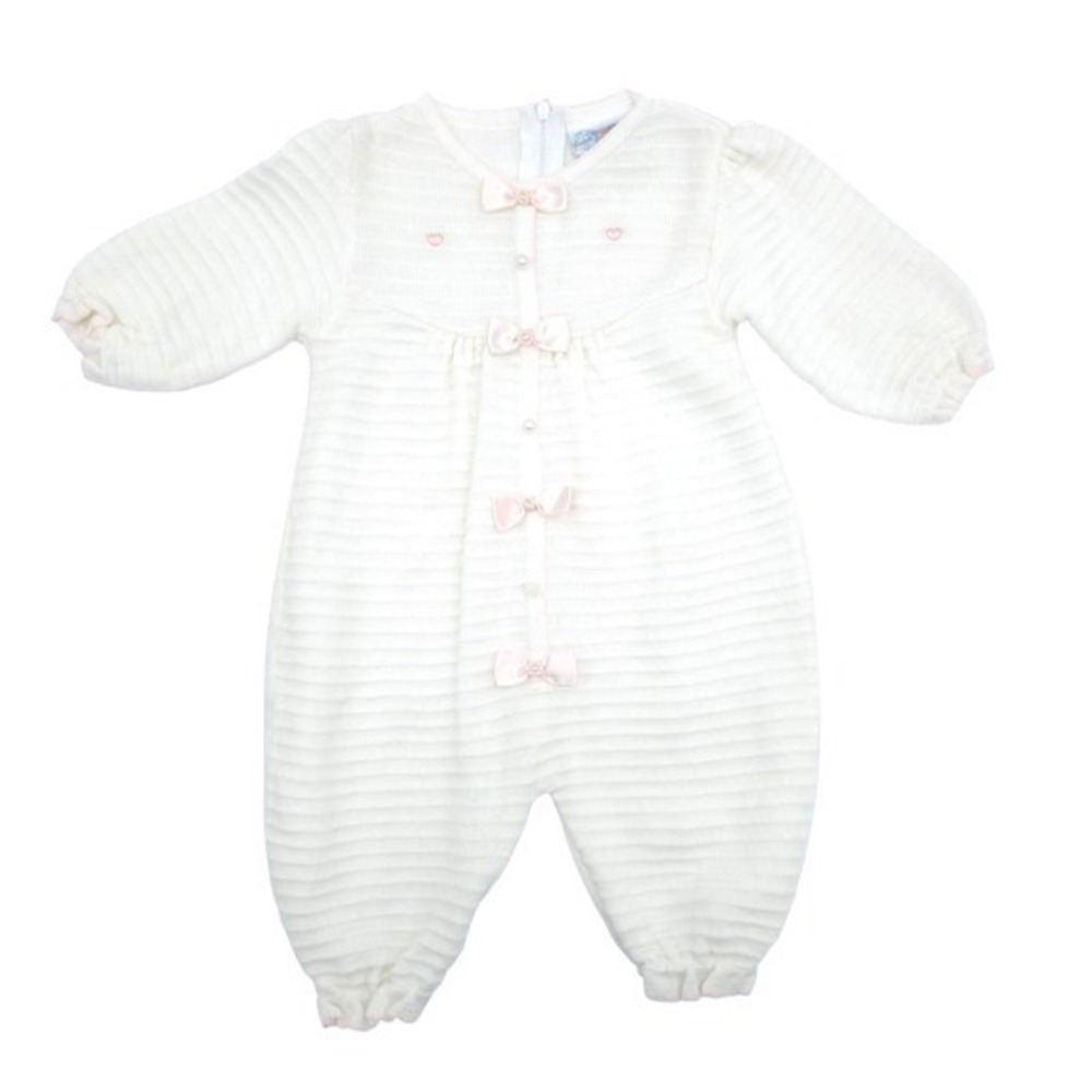Glynne Percy Vintage Girls Knit Sleeper Pink Bows Hearts White 6 Months